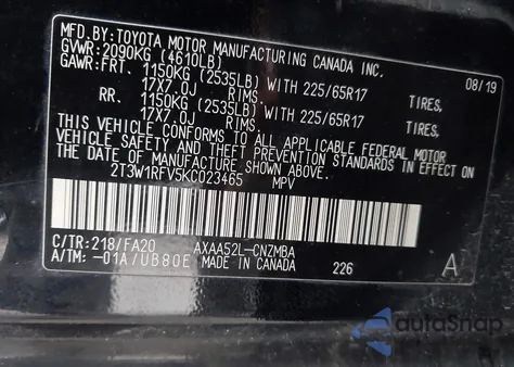 2019 Toyota Rav4 Xle из США, поврежденный, VIN 2T3W1RFV5KC023465